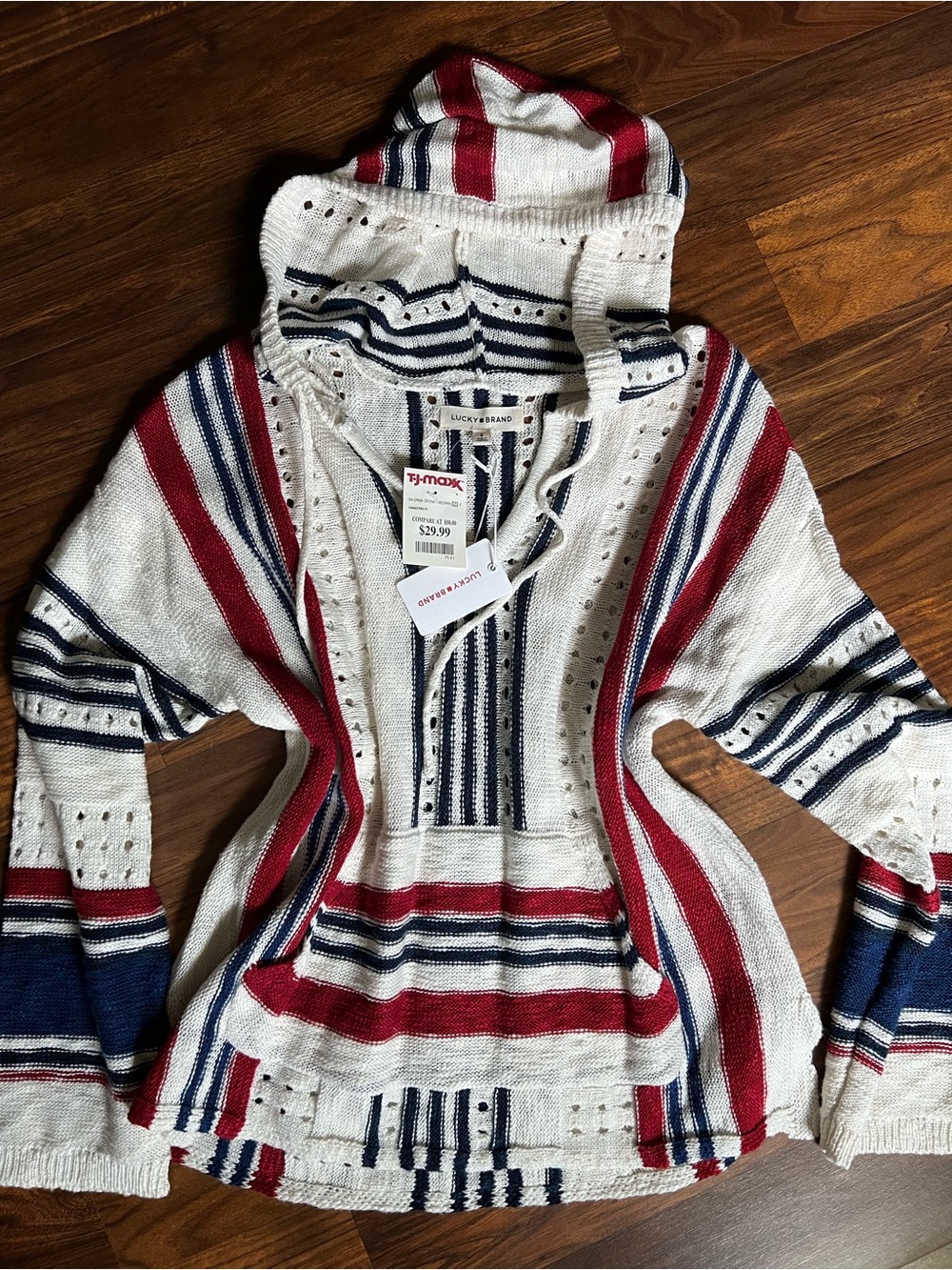 Lucky Brand Red, Navy & White Striped Hooded Pullover